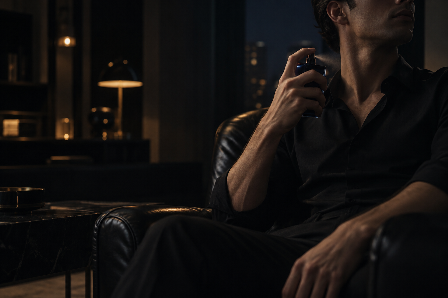 Escena editorial de un hombre sin barba aplicándose Bleu de Chanel en un interior oscuro