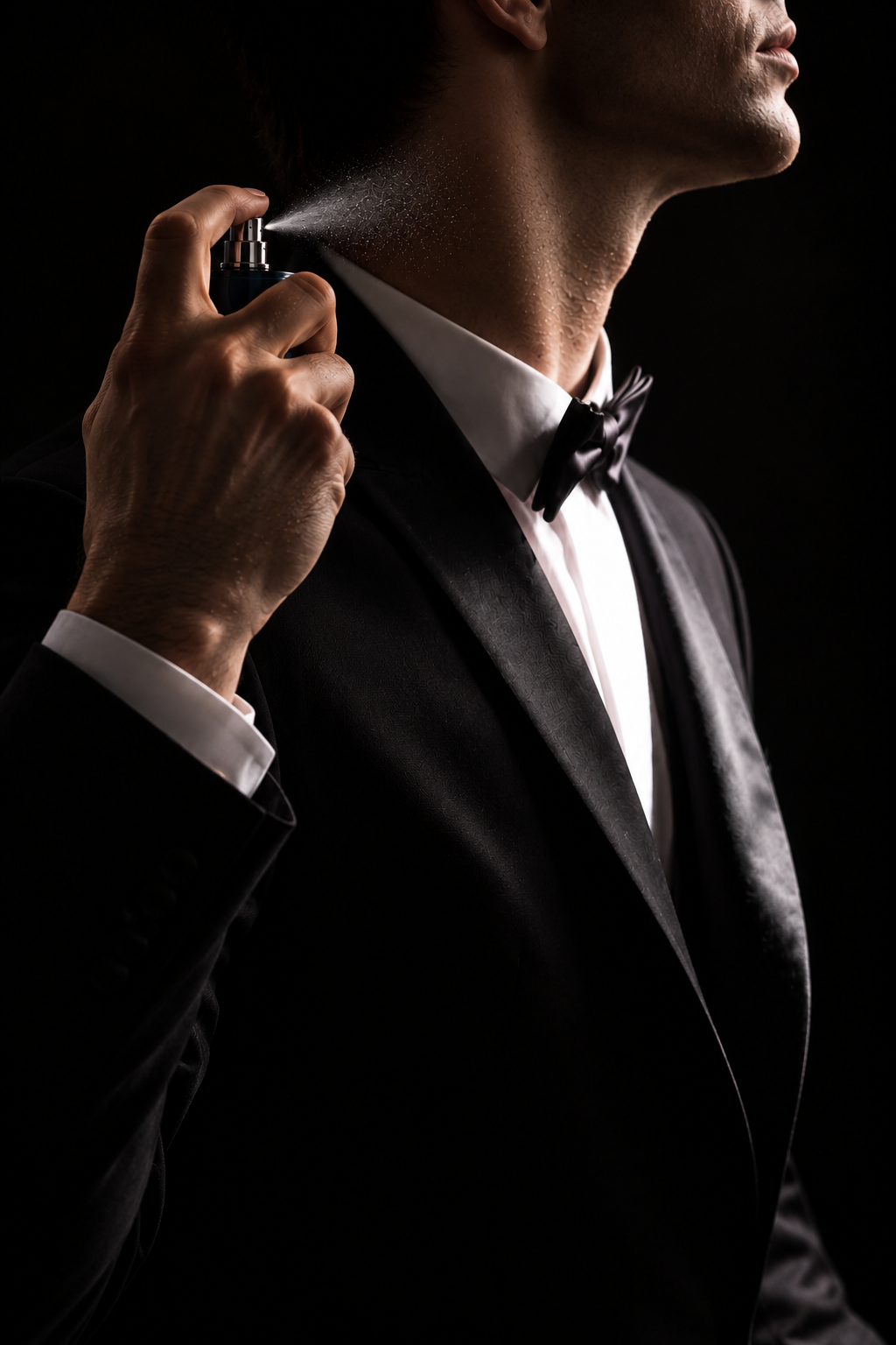 Hombre aplicándose perfume en una escena elegante y oscura