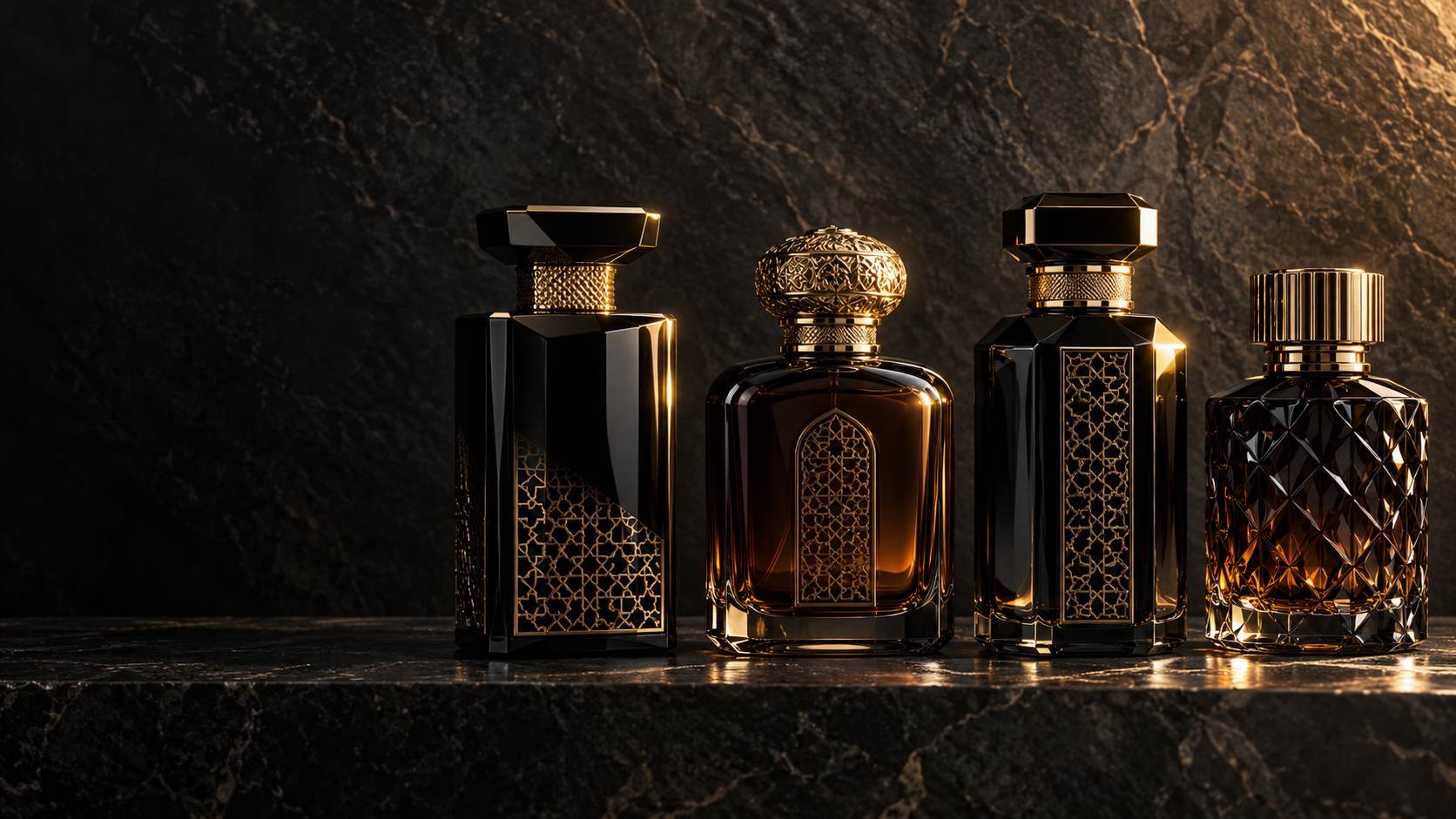 Frascos oscuros de perfumería árabe en una composición editorial