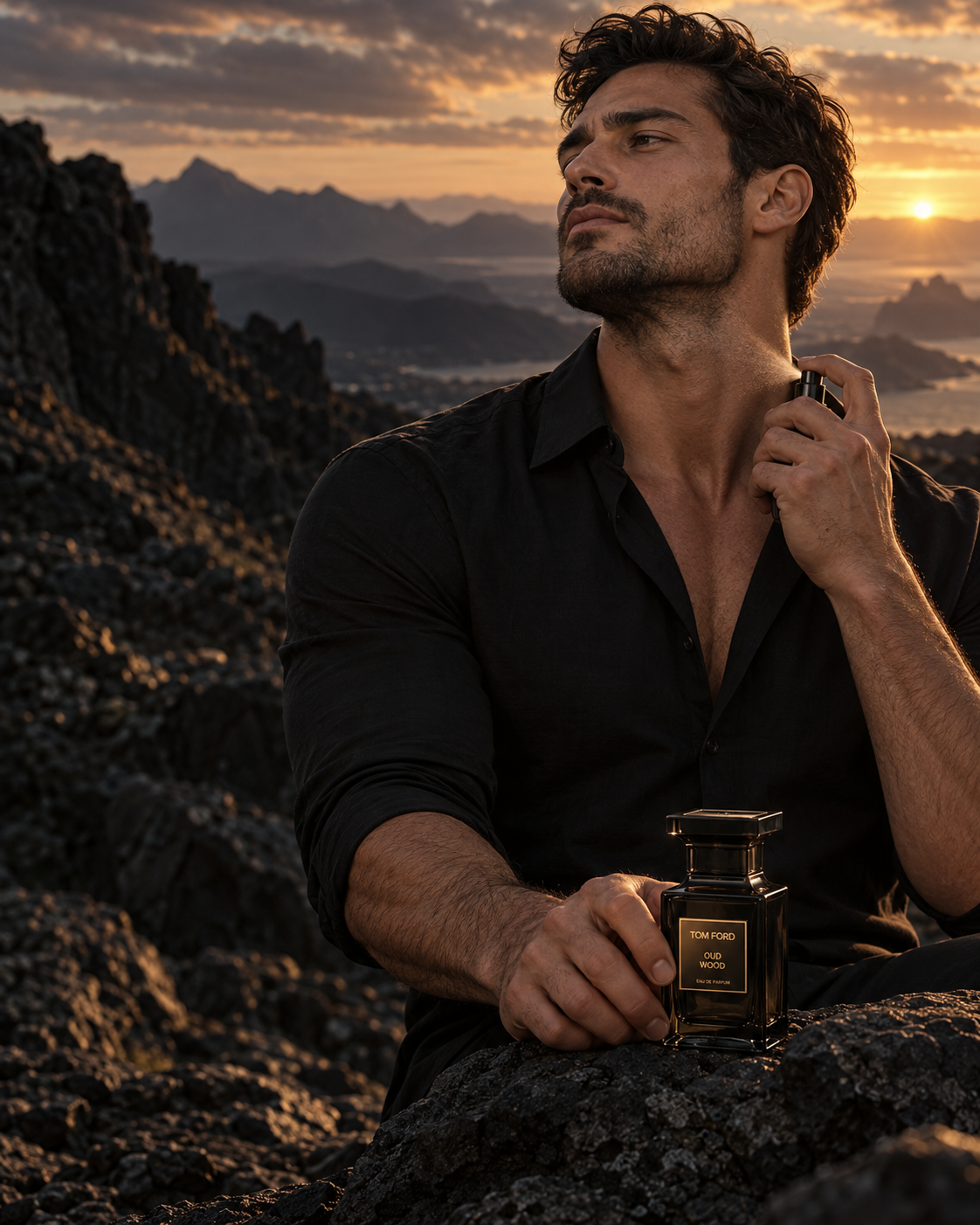 Modelo masculino aplicándose Tom Ford Oud Wood frente a un paisaje de montaña